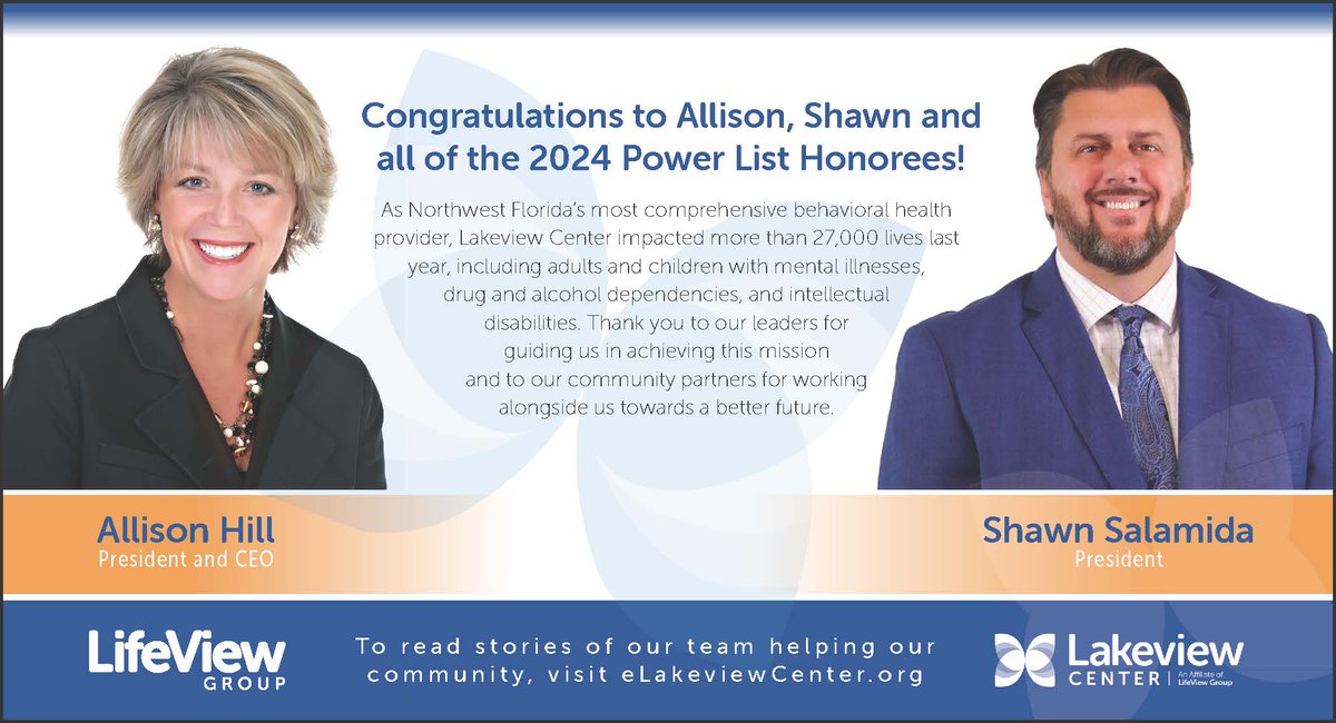 Congratulations to Lakeview Center President Shawn Salamida and parent company LifeView Group CEO Allison Hill for being named to the Inweekly 2024 Power List!
#inweekly #inweeklypowerlist2024 #powerlist #pensacolaflorida