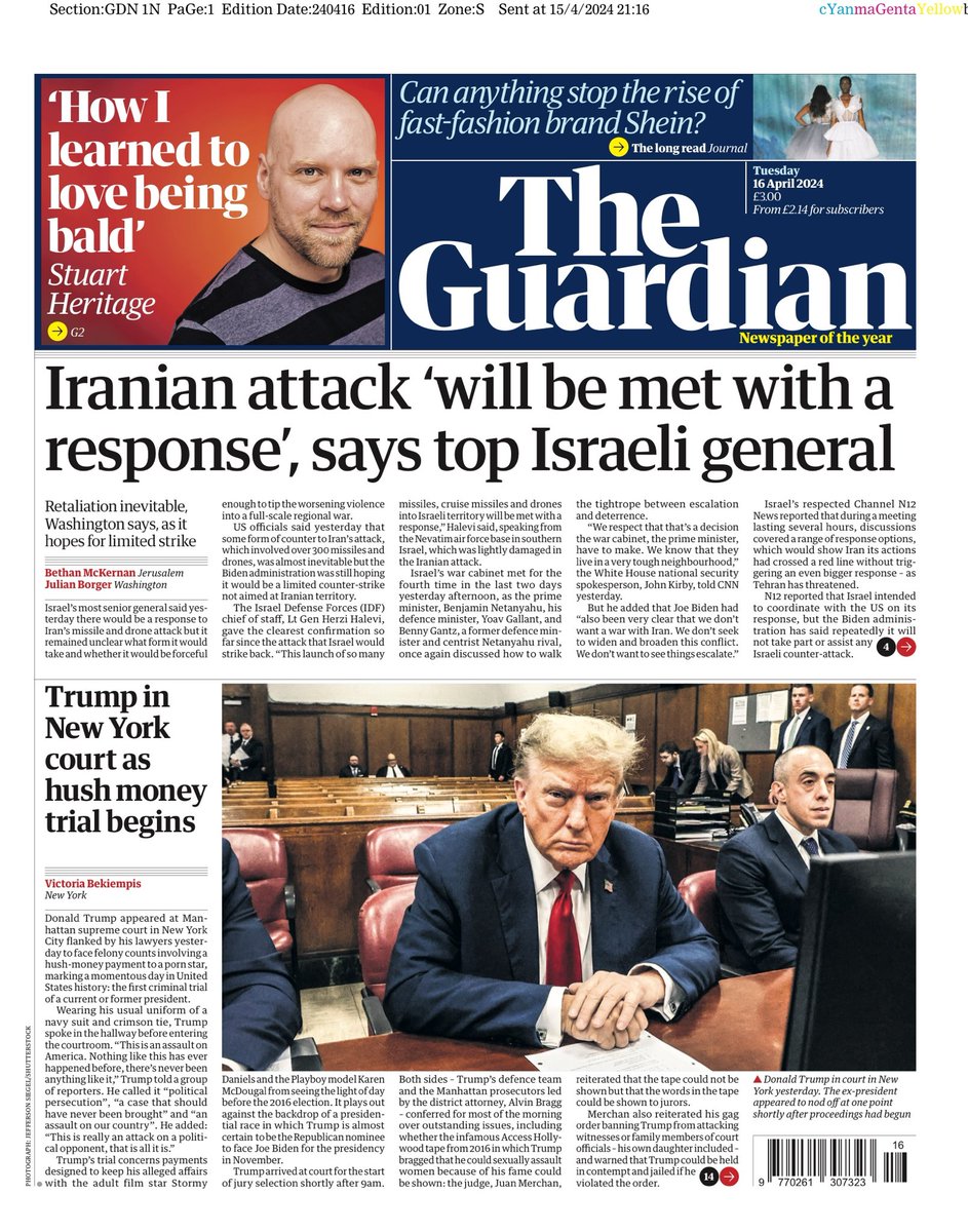 GUARDIAN: Iranian attack ‘will be met with response’ says top Israeli general #TomorrowsPapersToday