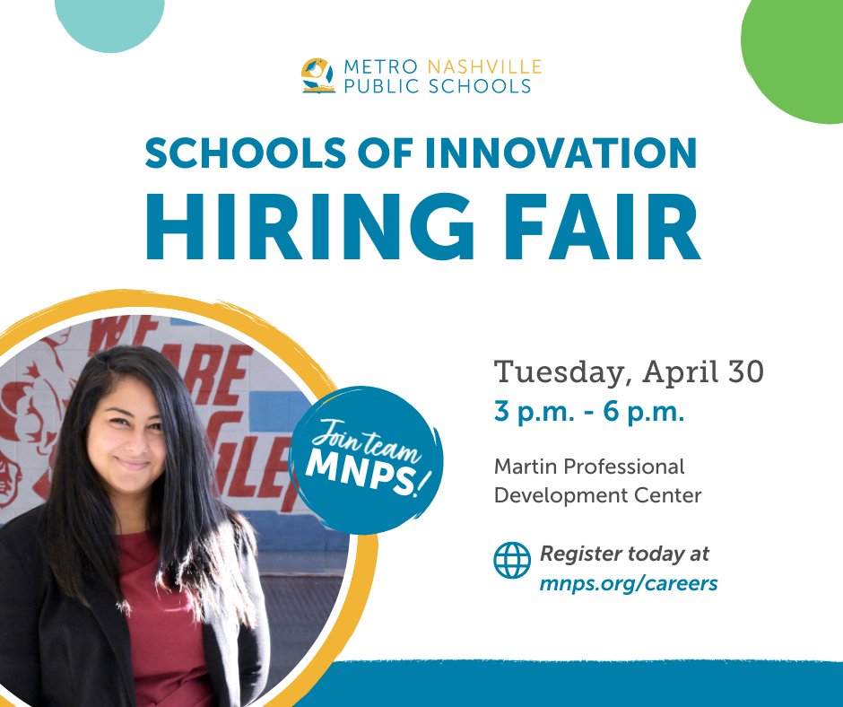 #MNPSCareers: Our district's Schools of Innovation are committed to reimagining education - and you can be part of the important work, guiding students to meet and exceed goals! Register today at mnps.org/careers #teachers #Nashville