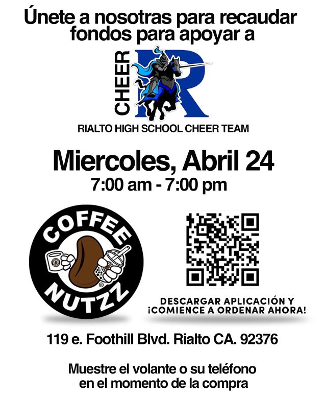RHSKnightCheer's tweet photo. Mark your calendars! Please help support the Lady Knights as we wrap up this season and prepare for next season! Enjoy some delicious coffee at @coffeenutzz with us Wednesday April 14th! ☕ https://t.co/Kge0kphqLl