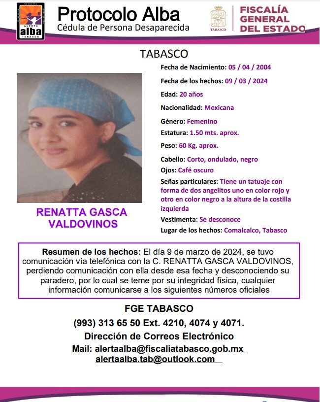 #AlMomento| Se solicita el apoyo para localizar a Renatta Gasca de 20 años.
#EnlaceTabasco