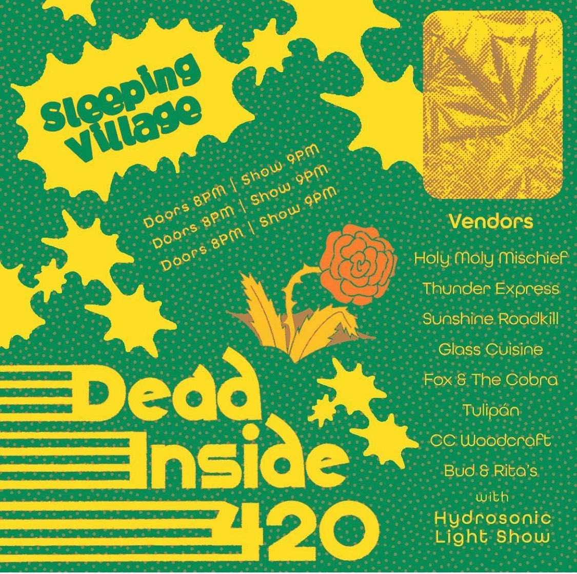 Chicago’s Dead Inside—monthly-ish all vinyl, all live, all Dead listenings/happenings—is a big reason why Chicago remains an elite Dead town. Their 4/20 @Sl33pingVillag3 installment looks predictably sick, with vendors and light show.