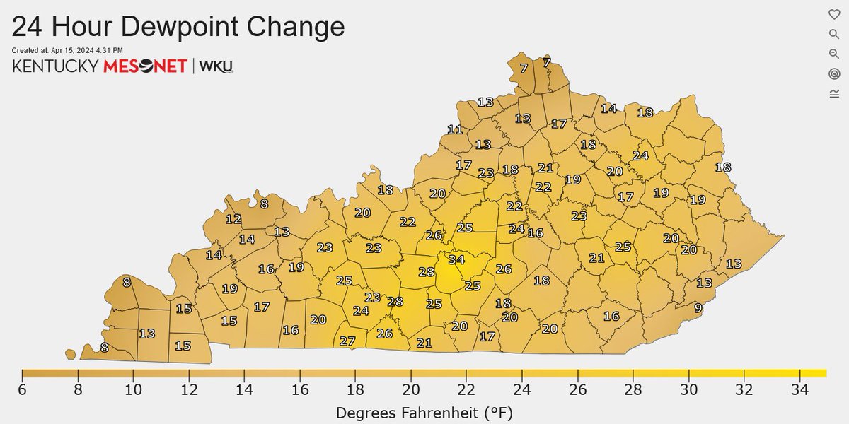 NOAA's SPC (Storm Prediction Center) has much of KY under a Marginal-to-Slight Risk for strong-to-severe t-storms this evening. Main threats: Hail, locally damaging winds. Dew points (measurement of moisture) are up considerably this afternoon, supporting storm development. #kywx