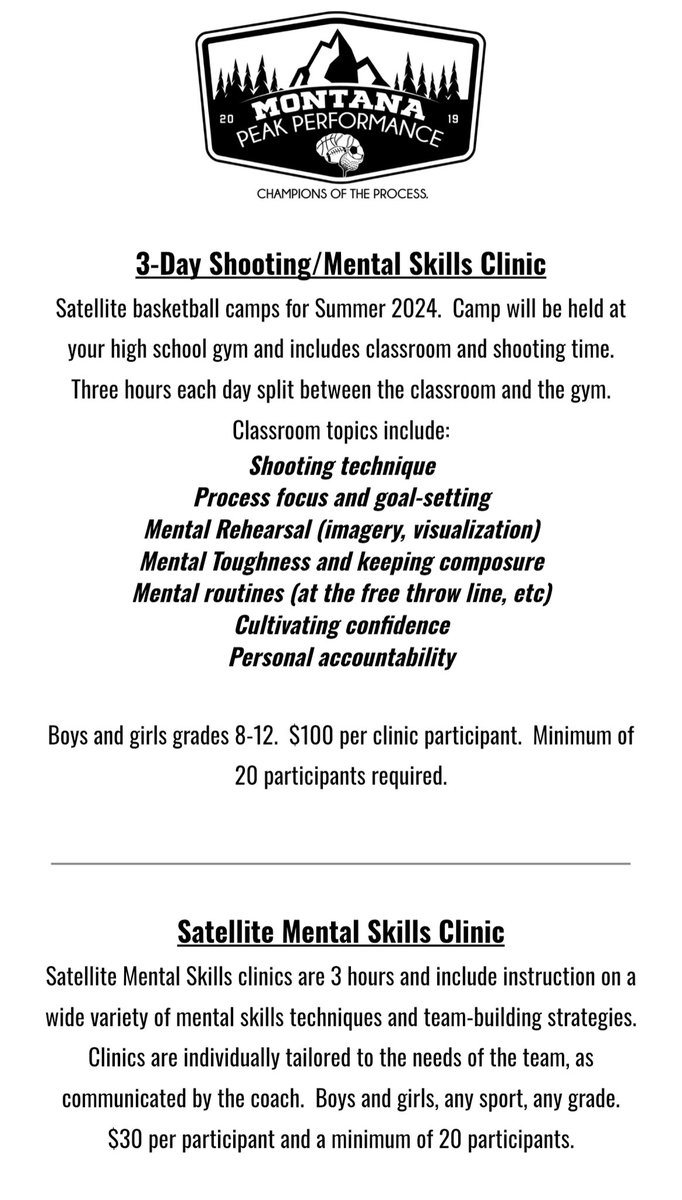 As Summer schedules start to come together, I’d like to offer this up to anyone who may be interested. The shooting clinic will obviously be for basketball teams, but the mental skills clinics are open to any sport.