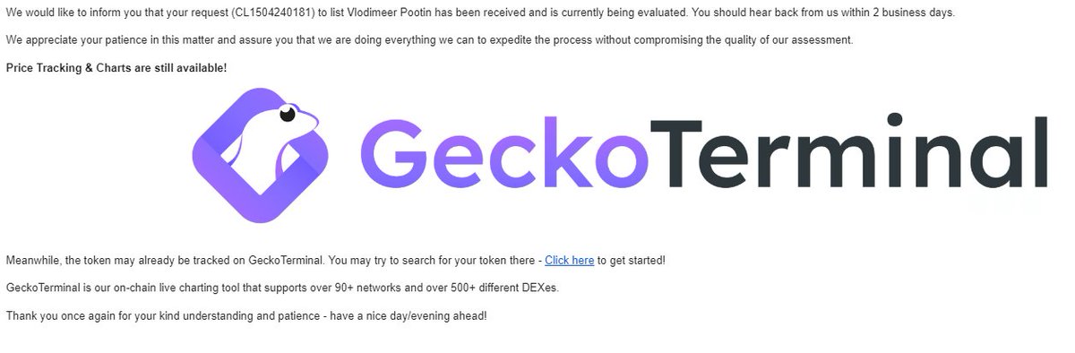 Great Newz Comradez.

Ve have submitted out form to be listed on <a href="/coingecko/">CoinGecko</a> 

<a href="/coinlistings/">Coingecko Listings</a> vill announce our succezful mission vedy soon!  

Our Request ID Number is: CL1504240181

You can find uz now on Gecko Terminal here: geckoterminal.com/solana/pools/b…

Zis iz juzt za beginning