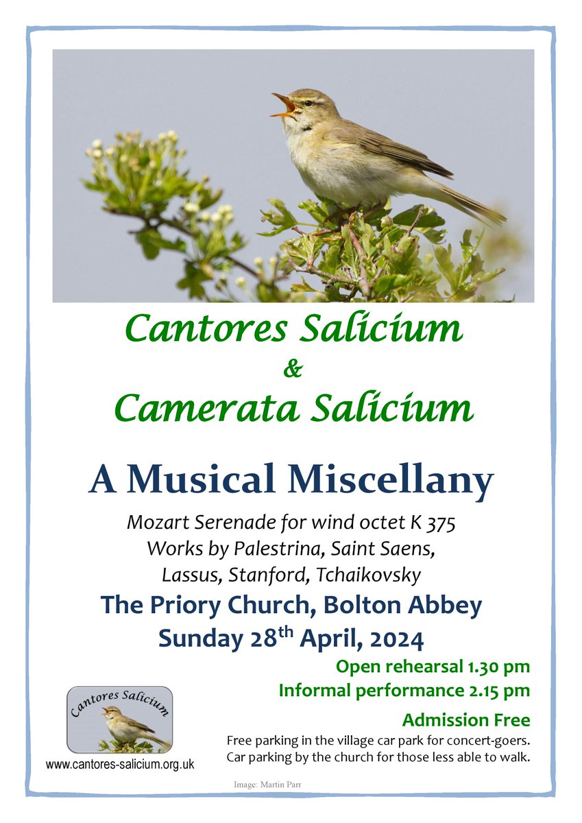 April 28th.
Informal concert in Bolton Priory.
FREE entry.