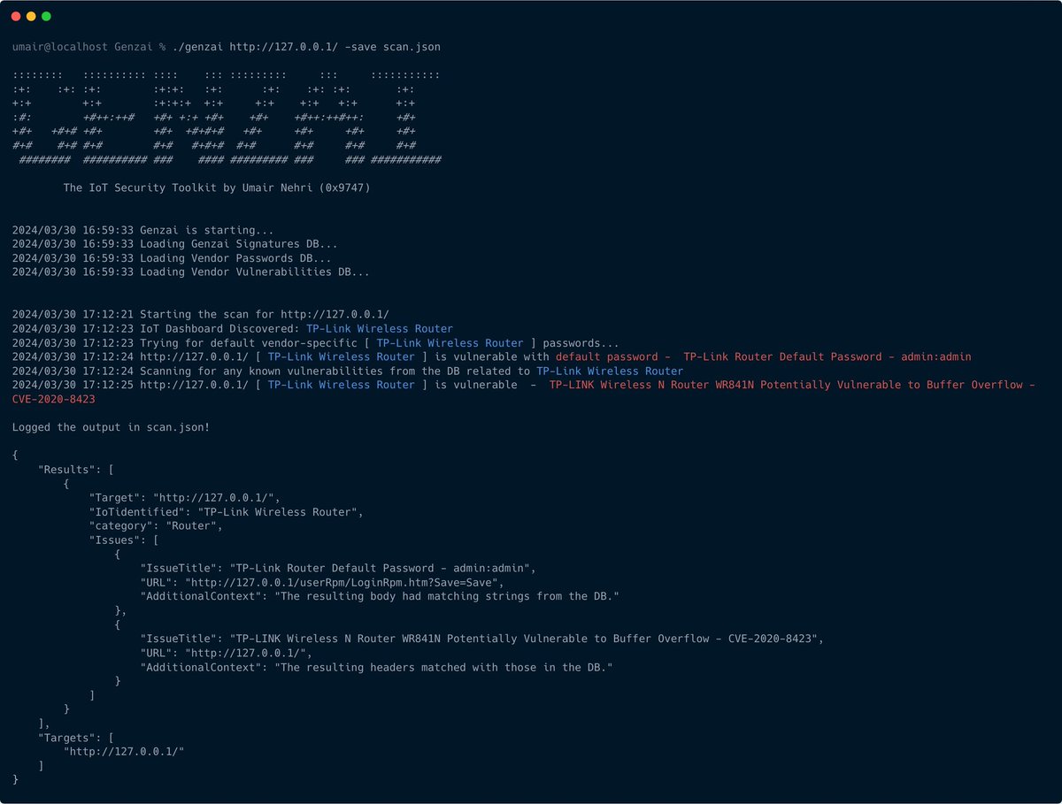 GenzAI : The IoT security toolkit to help identify IoT related dashboards and scan them for default Vulnerabilities and passwords. Link: github.com/umair9747/Genz…