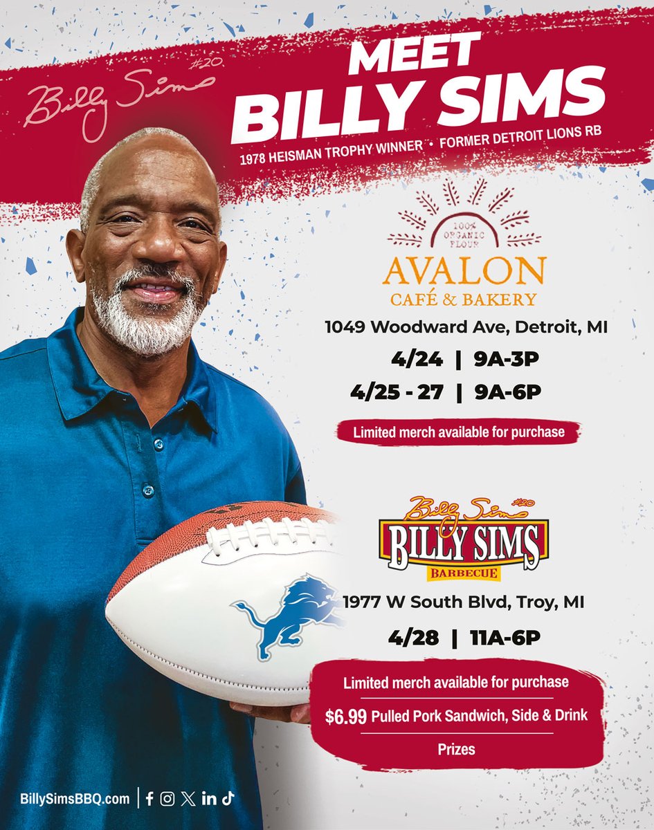 Make room for 1 more Detroit, I'm coming up to celebrate the @NFLDraft!  Join me that weekend at Avalon Cafe & Bakery and @BillySimsBBQ!  #billysims #heisman #billysimsbbq