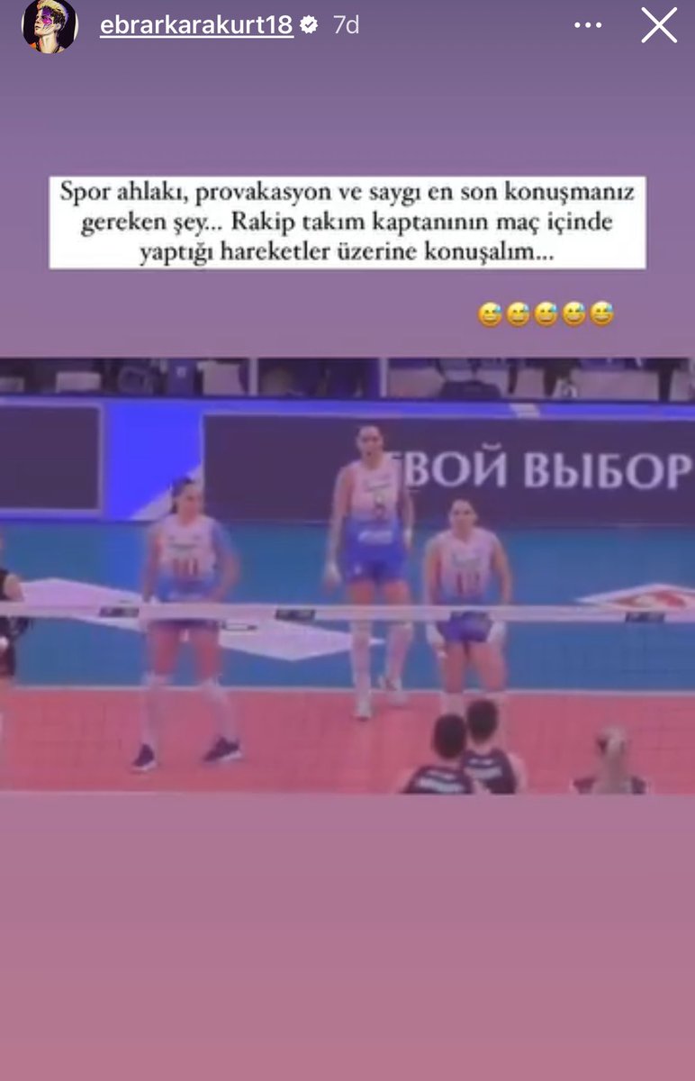 Ebrar Karakurt’un instagram paylaşımı “Spor ahlakı,provakasyon ve saygı en son konuşmanız gereken şey… Rakip takım kaptanının maç içinde yaptığı hareketler üzerine konuşalım…”