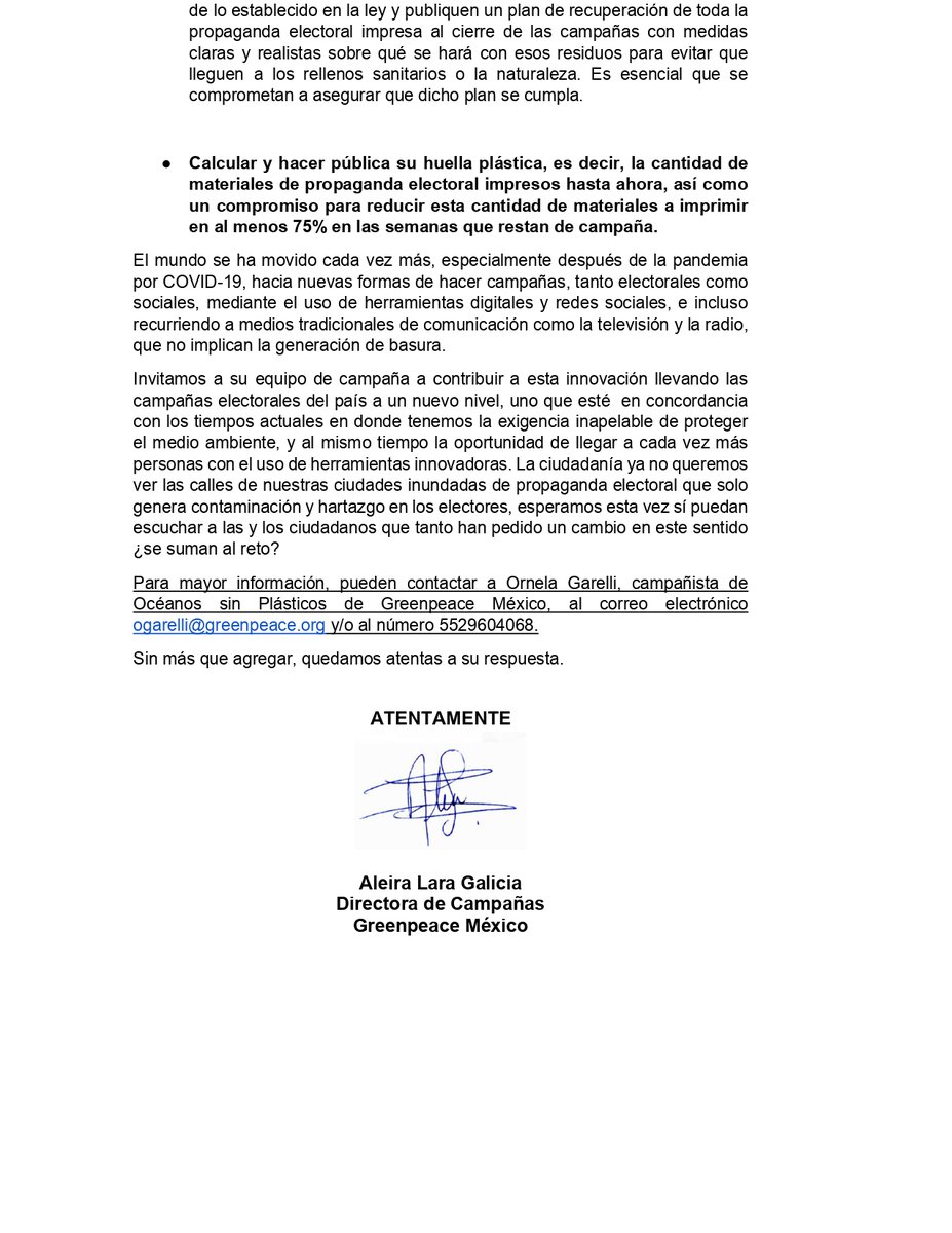 <a href="/Claudiashein/">Claudia Sheinbaum Pardo</a> <a href="/XochitlGalvez/">Xóchitl Gálvez Ruiz</a> <a href="/AlvarezMaynez/">Jorge Álvarez Máynez</a> <a href="/STaboadaMx/">Santiago Taboada</a> <a href="/ClaraBrugadaM/">Clara Brugada Molina</a> <a href="/Chertorivski/">Salomón Chertorivski</a> Si tú también ya te cansaste de ver contaminación plástica, etiqueta a tu candidat@ electoral local y pídele con esta carta que tome acciones para detener la contaminación plástica que generan sus campañas. 

#SinBasuraElectoral