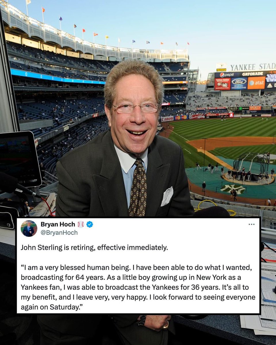 FoxSportsSyr's tweet photo. Longtime Yankees play-by-play man John Sterling is retiring. He began calling Yankees games in 1989 and called Atlanta Braves games for several years prior. https://t.co/MsmBnlJqT2