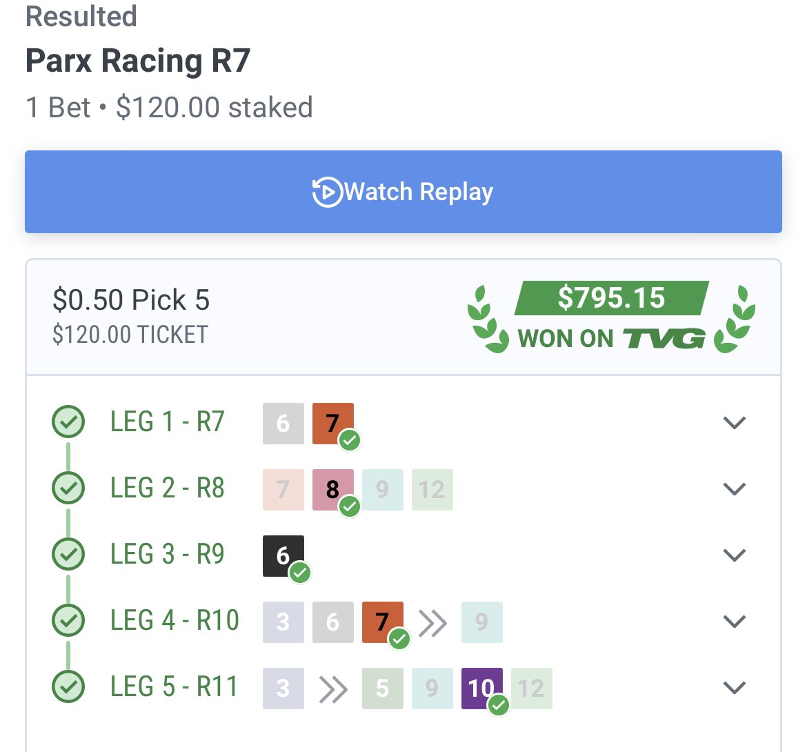 Not a bad little late day score. Would’ve been sweet to have the 12 (45/1) close it out in final leg