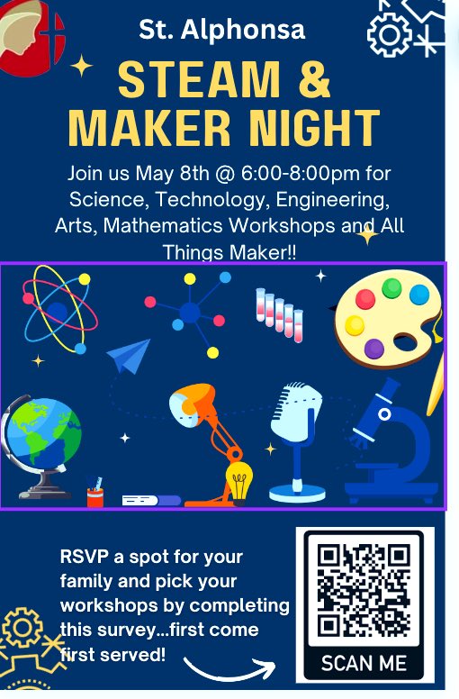 Hey St. Alphonsa families did you hear about our STEAM/MAKER family night?? Make sure you register for this amazing event. There are so many engaging activities planned. We can’t wait to see you on May 8th at 6:00pm. @StAlphonsaDP @MsNYarra