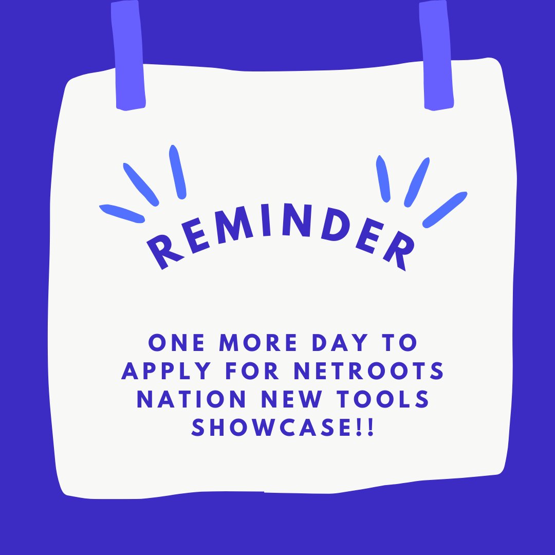 If you have a voting, campaigning or make-the-world-a-better-place product, app, or feature, then TOMORROW'S ⏰ the last day to apply to the Net Tools Showcase, where you can (re)introduce your technology to the progressive community. Apply here: netrootsnation.secure-platform.com/nn24-nts/solic…