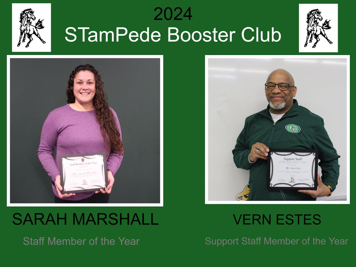 Epchs231's tweet photo. STAFF MEMBERS OF THE YEAR: EPCHS' STamPede booster club has presented its staff members of the year award to Sarah Marshall @CoachMarshallEP and Vern Estes! https://t.co/OPdUEyX0px
