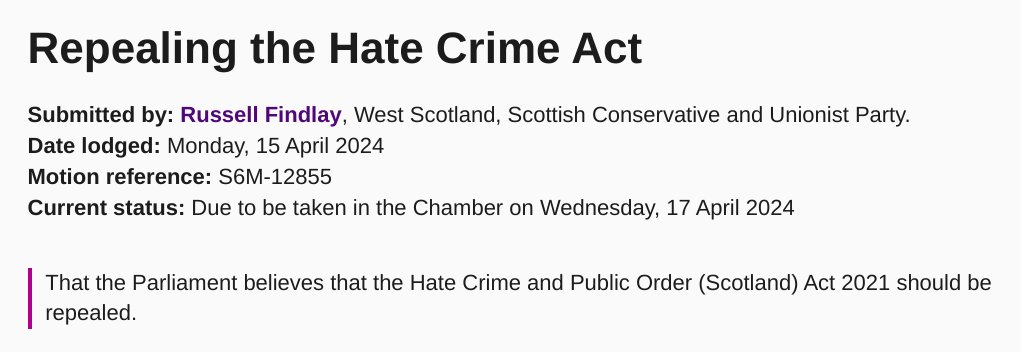 The motion to repeal the Hate Crime Act is now on @ScotParl website with the debate due around 2:30pm on Wed. Please email all 8 of your MSPs asking them to support the motion. See our latest newsletter for guidance on how to do this quickly: mailchi.mp/forwomen/2-min…