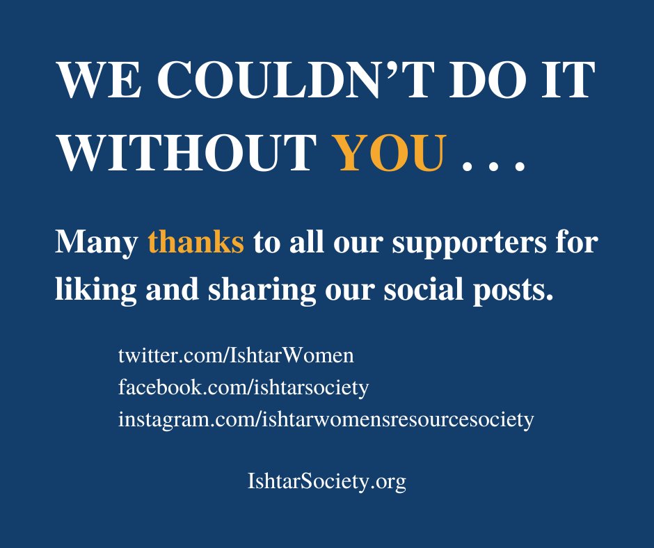 A HUGE shout-out🎉and many thanks🧡to all our supporters for following, liking + sharing our social posts. We couldn't spread the word + serve those in need without YOU! We're here, too: facebook.com/ishtarsociety instagram.com/ishtarwomensre… Donate now: canadahelps.org/en/dn/8604