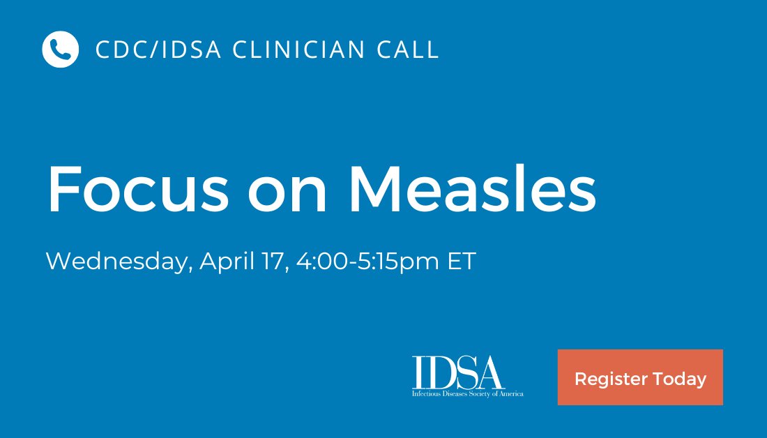 Take a deep dive into the current state of #measles with IDSA and @CDCgov this Wed. April 17 at 4pm ET. Register: bit.ly/37rwrQ4