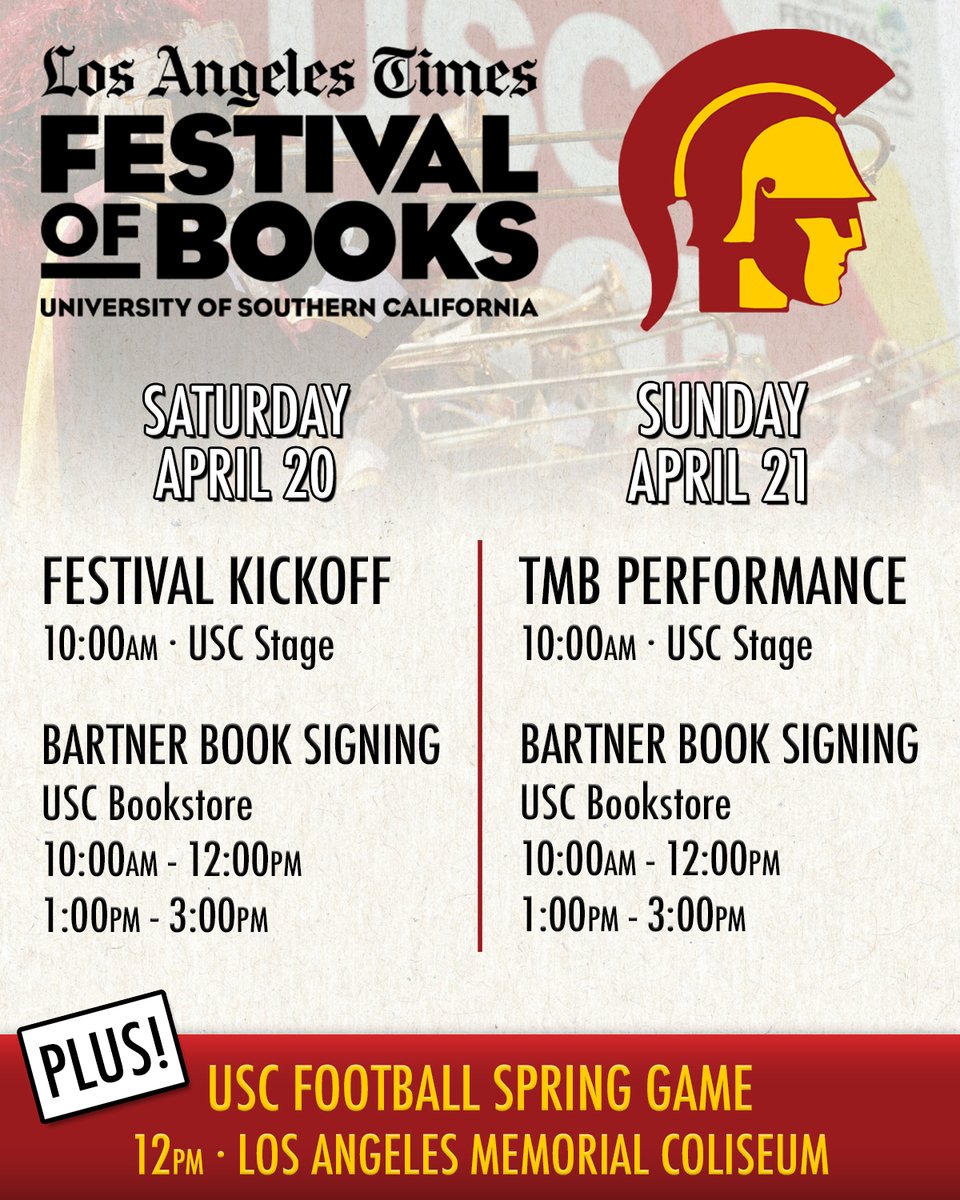 Spring officially SPRINGS this weekend at USC with the @latimesfob and the @uscfb Spring Game on campus. And both are completely FREE. Complete Festival of Books schedule: events.latimes.com/festivalofbook…