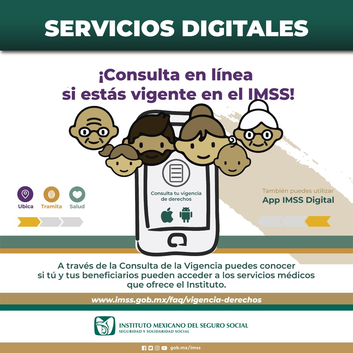 #EntornoSaludable 

Consulta en línea o en la App IMSS Digital la vigencia de tus servicios médicos. 😀
