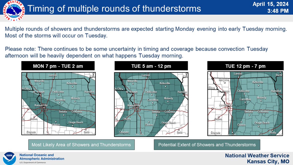 Showers and thunderstorms expected to return overnight or Tuesday morning. Another round of thunderstorms is expected across northeast Missouri Tuesday afternoon. Tuesday afternoon has the highest risk of seeing severe weather (Mainly north of I-70 and east of US-65.