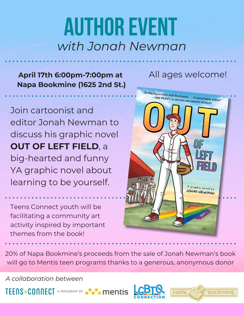 (1/2) This Wednesday: My final book tour stop in the Bay Area! In collaboration with Mentis's Teens Connect program, I'll be speaking at @NapaBookmine. 20% of Bookmine's proceeds will be donated to Mentis. Details and links in the 2nd tweet. @AndrewsMcMeel | @amp_kids