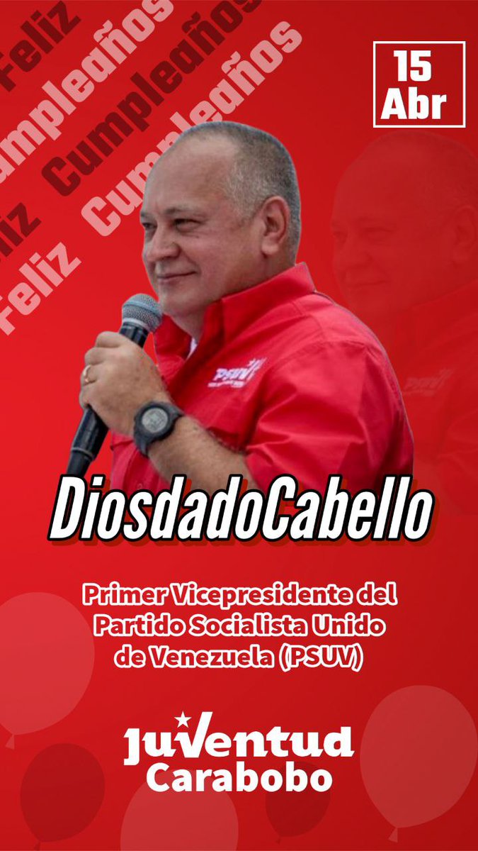 Feliz cumpleaños capitán <a href="/dcabellor/">Diosdado Cabello R</a> 🥳

<a href="/NicolasMaduro/">Nicolás Maduro</a> <a href="/PartidoPSUV/">PSUV</a> <a href="/ConElMazoDando/">Con el Mazo Dando</a>