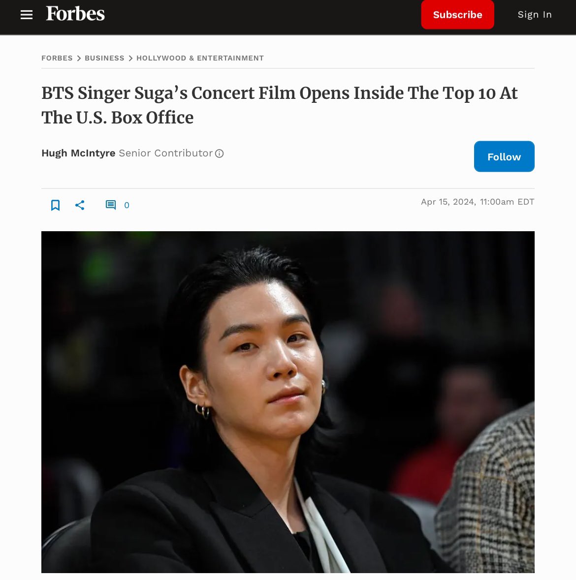 [#SugaHQ_Articles] Forbes | BTS Singer Suga’s Concert Film Opens Inside The Top 10 At The U.S. Box Office

“SUGA | Agust D TOUR 'D-DAY' THE MOVIE is Suga’s first theatrically released concert film. Suga claims a huge fan base in the country, and even though he’s on a career