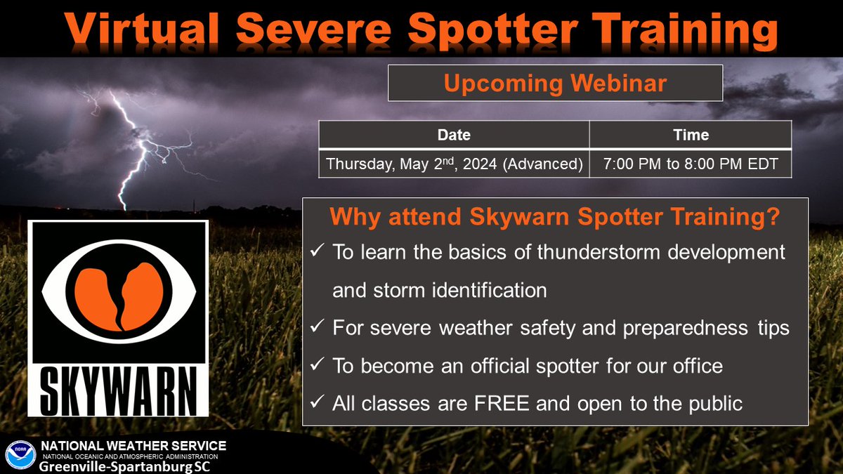 Due to the ongoing severe weather conditions in the North Carolina mountains, the storm spotter talk scheduled for 6:00 PM today will be postponed. Be on the lookout for the next basic spotter talk. Sorry for any inconvenience. #scwx #ncwx #gawx