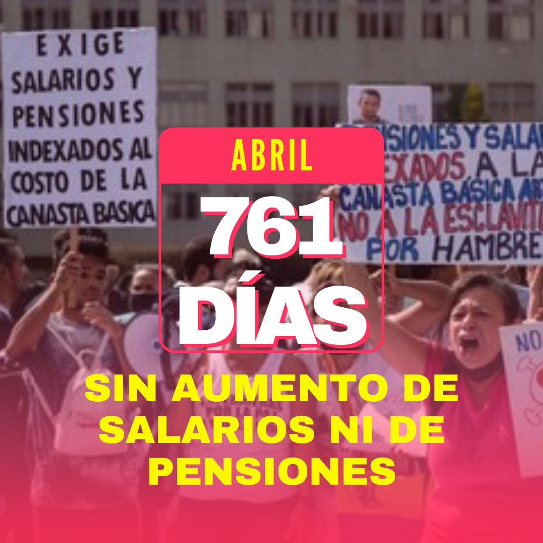 Hoy 15 de abril, otra quincena y Maduro suma 761 días sin aumento del salario mínimo ni de pensiones. Más de 5 millones de venezolanos entre trabajadores públicos, jubilados y pensionados siguen en 130Bs mensuales. El 28 de julio seamos millones para cambiar y cobrarle con…