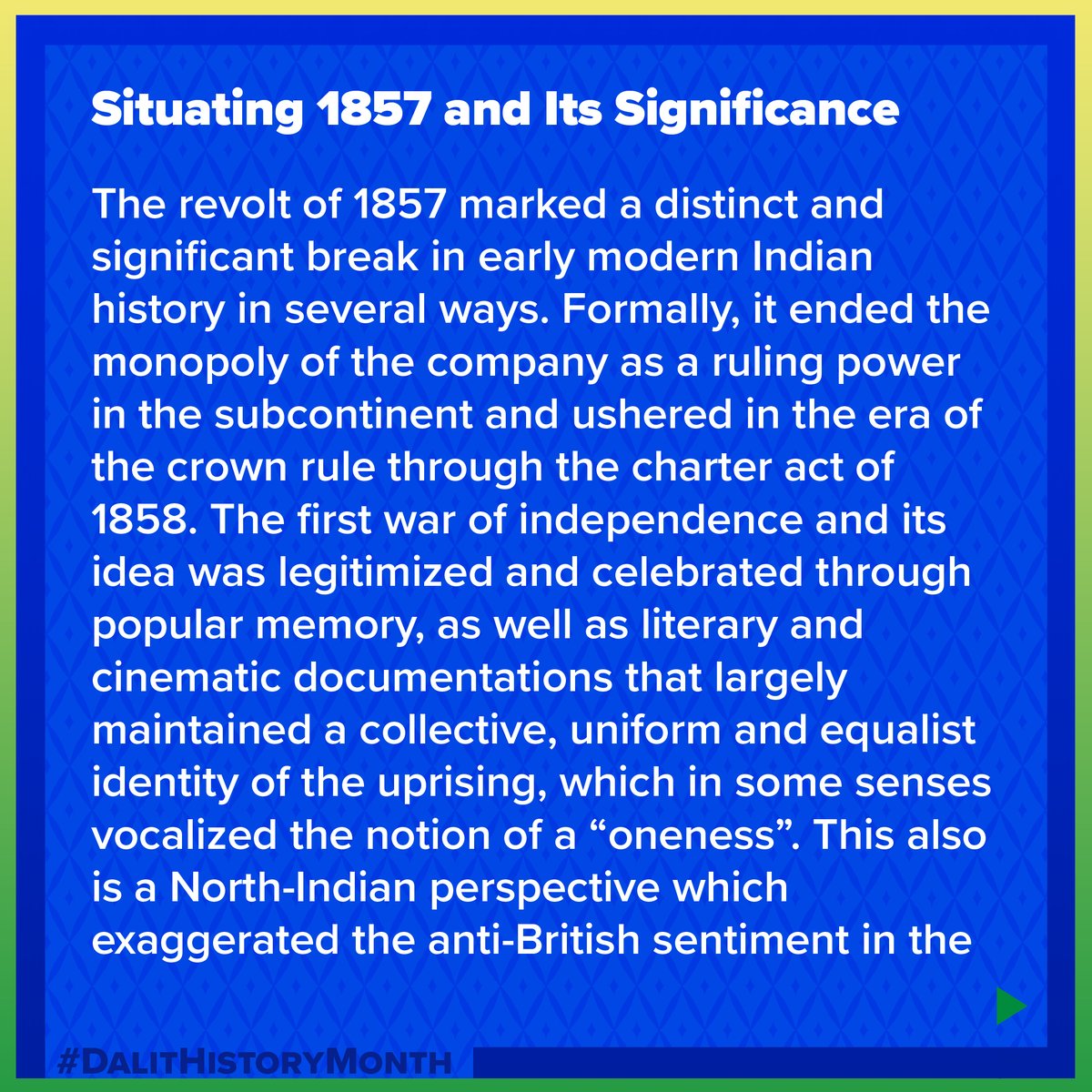EqualityLabs's tweet photo. 1/ Aditi Verma writes about the revolution of 1857 and its manifestations from a caste-oppressed perspective. While Dalit history is often absent from textbooks, our traditions of oral storytelling have kept our achievements alive and present within our collective memory. https://t.co/lnR1XapWFN