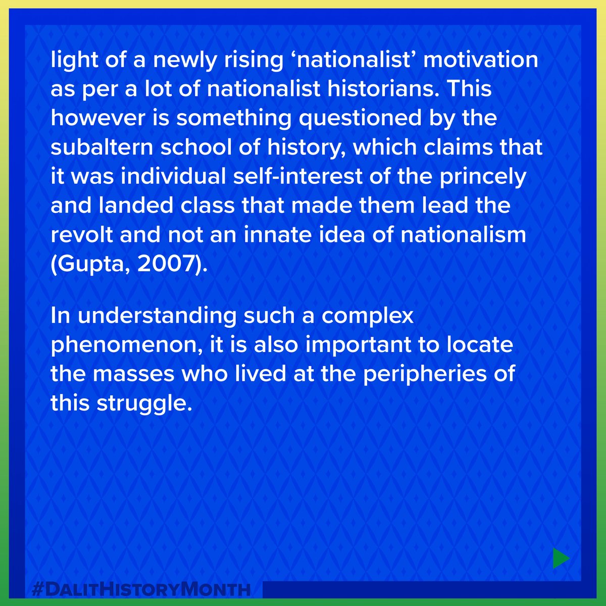 EqualityLabs's tweet photo. 1/ Aditi Verma writes about the revolution of 1857 and its manifestations from a caste-oppressed perspective. While Dalit history is often absent from textbooks, our traditions of oral storytelling have kept our achievements alive and present within our collective memory. https://t.co/lnR1XapWFN