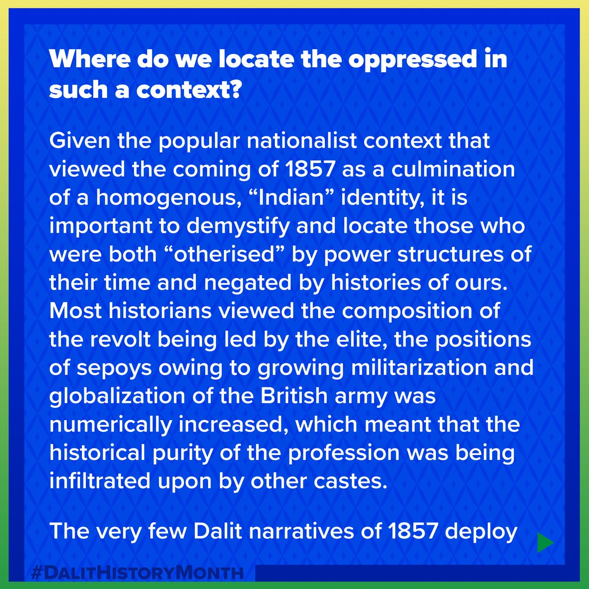 EqualityLabs's tweet photo. 1/ Aditi Verma writes about the revolution of 1857 and its manifestations from a caste-oppressed perspective. While Dalit history is often absent from textbooks, our traditions of oral storytelling have kept our achievements alive and present within our collective memory. https://t.co/lnR1XapWFN