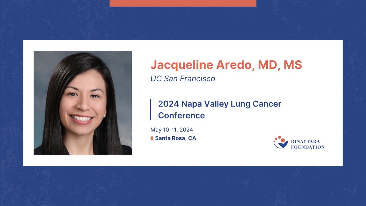 Looking forward to moderator @JackieAredoMD's (@UCSFDOM) session 6 of 2024 Napa Valley Lung Cancer Conference! 🗓️ May 10-11, 2024 📍 Hyatt Regency Sonoma Valley ➡️ education.binayfoundation.org/content/2024-n… #CME #oncology #lungcancer #healthcare #cancercare #cancer #medicine #register