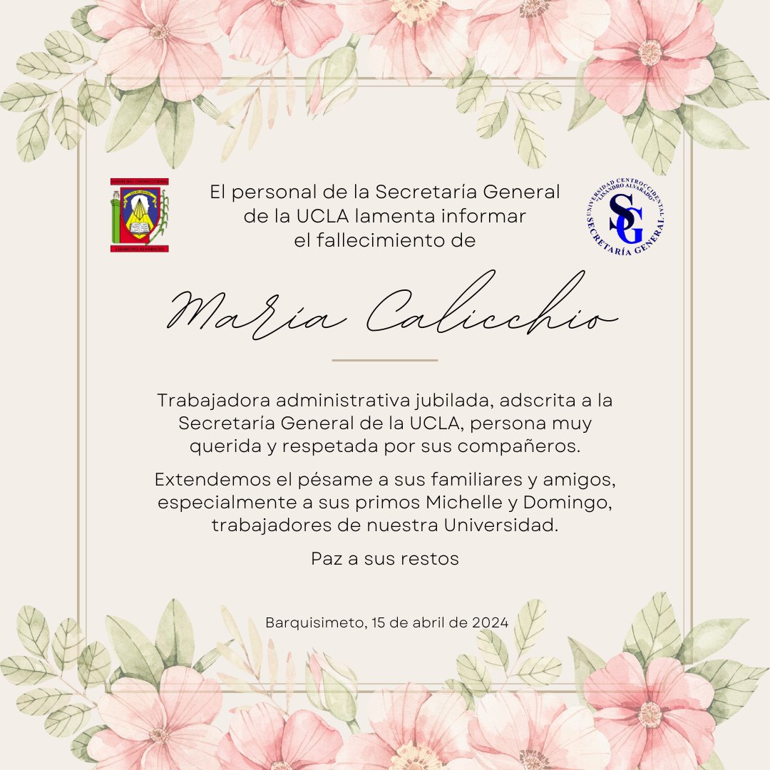 La <a href="/SecretariaUCLA/">SecretaríaUCLA</a> lamenta el fallecimiento de María Calicchio, trabajadora administrativa jubilada, persona muy querida y respetada por sus compañeros. 
Extendemos el pésame a sus familiares y amigos, especialmente a sus primos Michelle y Domingo, trabajadores uclaístas. QEPD