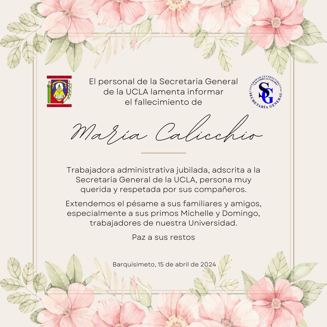 La @SecretariaUCLA lamenta el fallecimiento de María Calicchio, trabajadora administrativa jubilada, persona muy querida y respetada por sus compañeros. Extendemos el pésame a sus familiares y amigos, especialmente a sus primos Michelle y Domingo, trabajadores uclaístas. QEPD