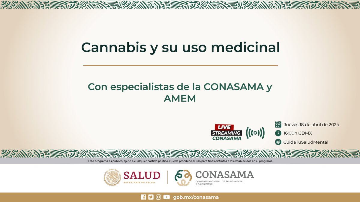 ¿Sabes lo que es la cannabis y cuáles son los beneficios de su uso medicinal? Acompáñanos a nuestro programa #CuidaTuSaludMental, con especialistas de CONASAMA y @AMEM_MX 📌FBLive: Cannabis y su uso medicinal 📅 Jueves 18 de abril de 2024 🕓16:00 h #FBLive @LineaDe_LaVida