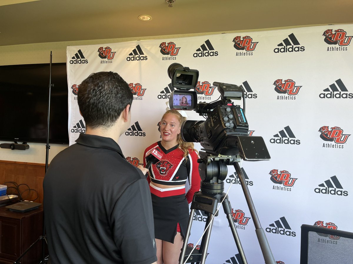 DUAthletics's tweet photo. Thank you to @Jacob_Seus and @wzzm13 for coming out to talk with @DUCheerleading about their recent national championships!

#DUWork https://t.co/bPQ8cZoxhZ