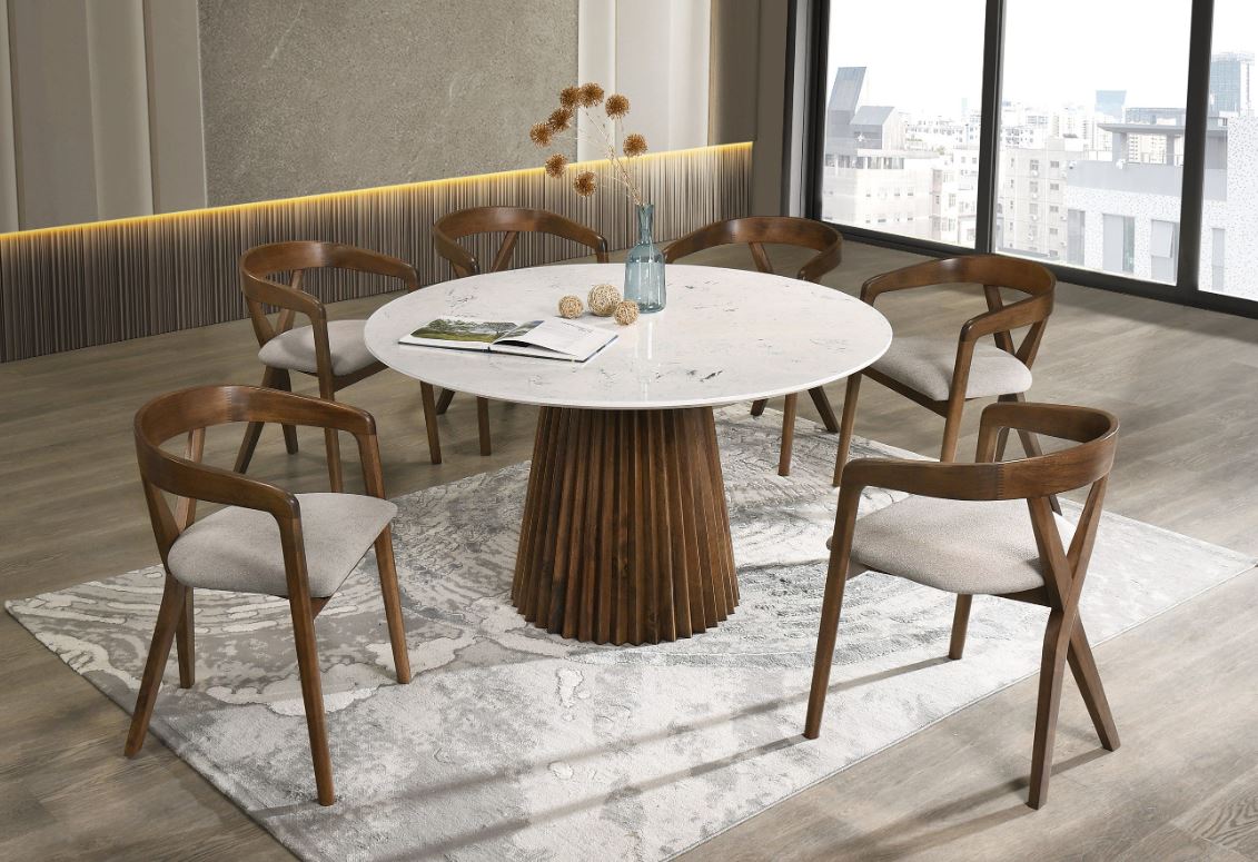 The Modrest Nancy + Weiss - Mid-Century Modern Marble + Walnut Dining Table Set is a stylish and elegant dining set that combines mid-century modern design with high-quality materials #futonland #updame #updam3 #diningroom #diningtables #tables  #chairs #furniture #table #chair