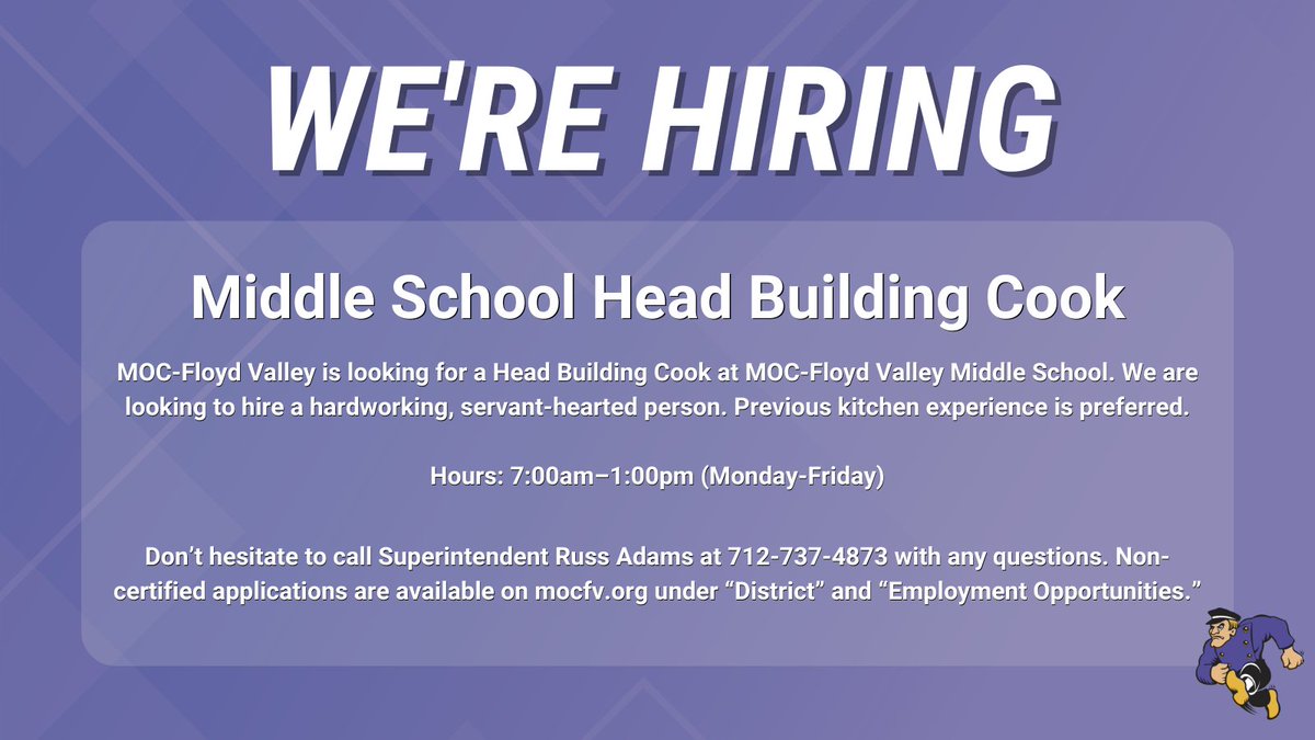 We are hiring! 🧑‍🍳👩‍🍳 Join the MOC-Floyd Valley team as our new Middle School Head Building Cook! To apply, visit mocfv.org/index.php/dist…. We look forward to hearing from you!