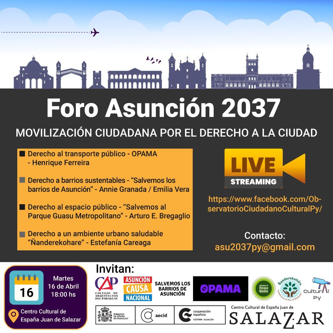 ¡Nos vemos mañana!
Estaremos articulando a favor de una movilización ciudadana por el derecho a la ciudad.
Sumamos y unimos fuerzas a la construcción de una sociedad mejor y con más derechos.
Centro Cultural Juan de Salazar
Virtual: FB LIVE_ObservatorioCiudadanoCulturalPy