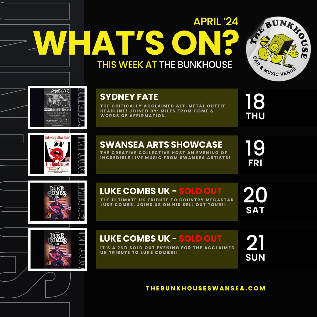 Check out this week's gigs and events we have on at The Bunkhouse Swansea 🏴󠁧󠁢󠁷󠁬󠁳󠁿👇

🎟️ thebunkhouseswansea.com 

#TheBunkhouse #BunkhouseSwansea #Swansea #Abertawe #WhatsOnSwansea #Cymru