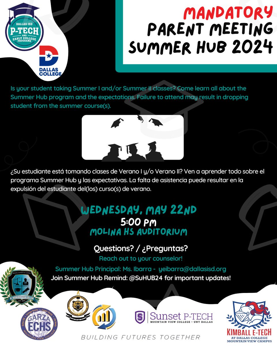 Calling ALL current & rising SENIORS! Join us this summer for our Summer HUB program @MolinaHigh ! See your counselor for more information. Mandatory parent meeting on 5/22, see flyer for more information! @GarzaECHS @kimballetech @socptech @SunsetCA17 @DISD_PTECH_ECHS