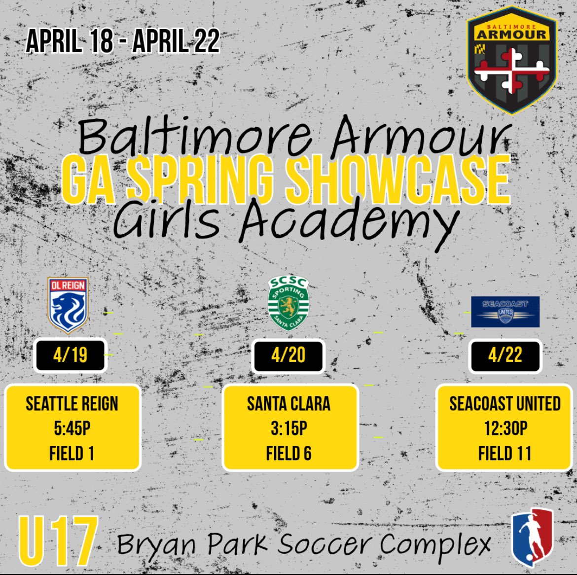baga_hs2029's tweet photo. 📣Updated! Baltimore Armour GA will be traveling NC to compete in the GA Spring Showcase vs some amazing teams! Schedules below! 👀 you there! @bmorearmour @GAcademyLeague @TopDrawerSoccer @TheSoccerWire @PrepSoccer @BaltNGSoccer @ImYouthSoccer https://t.co/dIpxGAivmq