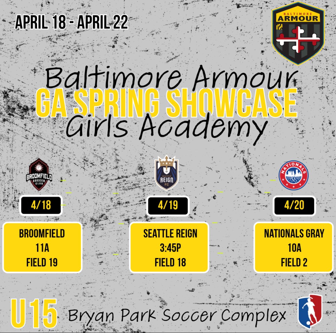baga_hs2029's tweet photo. 📣Updated! Baltimore Armour GA will be traveling NC to compete in the GA Spring Showcase vs some amazing teams! Schedules below! 👀 you there! @bmorearmour @GAcademyLeague @TopDrawerSoccer @TheSoccerWire @PrepSoccer @BaltNGSoccer @ImYouthSoccer https://t.co/dIpxGAivmq