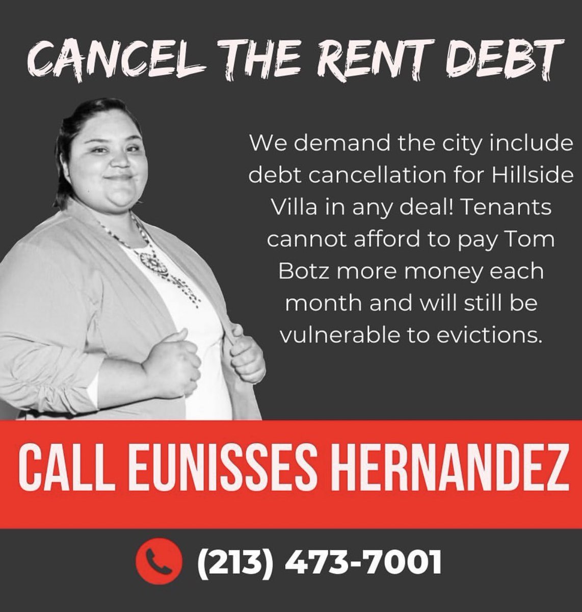 CALL TO ACTION 🚨 The city of LA is selling out @hillside_villa!! The city is forcing through a deal to leave tenants w/ $$$ in rent debt & vulnerable to eviction WE DEMAND the city guarantees there will be no rent debt for tenants Call (213) 473-7001 & (213) 473-7004 now!