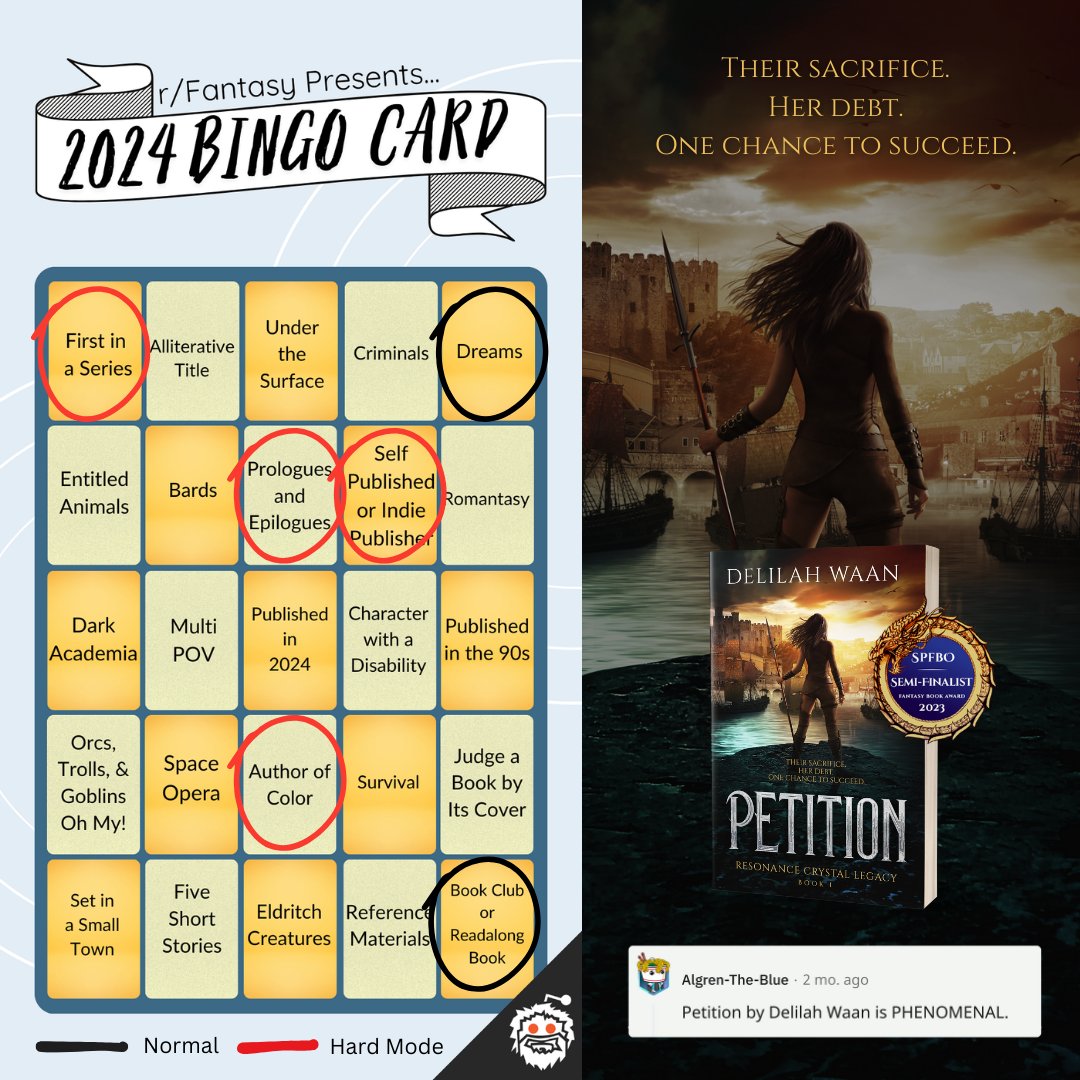 For anyone doing the r/Fantasy 2024 #bookbingo #readingchallenge, the @Narratess #IndieApril sale is a great time to buy books to fill out the whole card for the price of a nice meal out!

PETITION qualifies for a whopping SIX (6) squares, 4 of them 'Hard Mode'.

🧵1/4