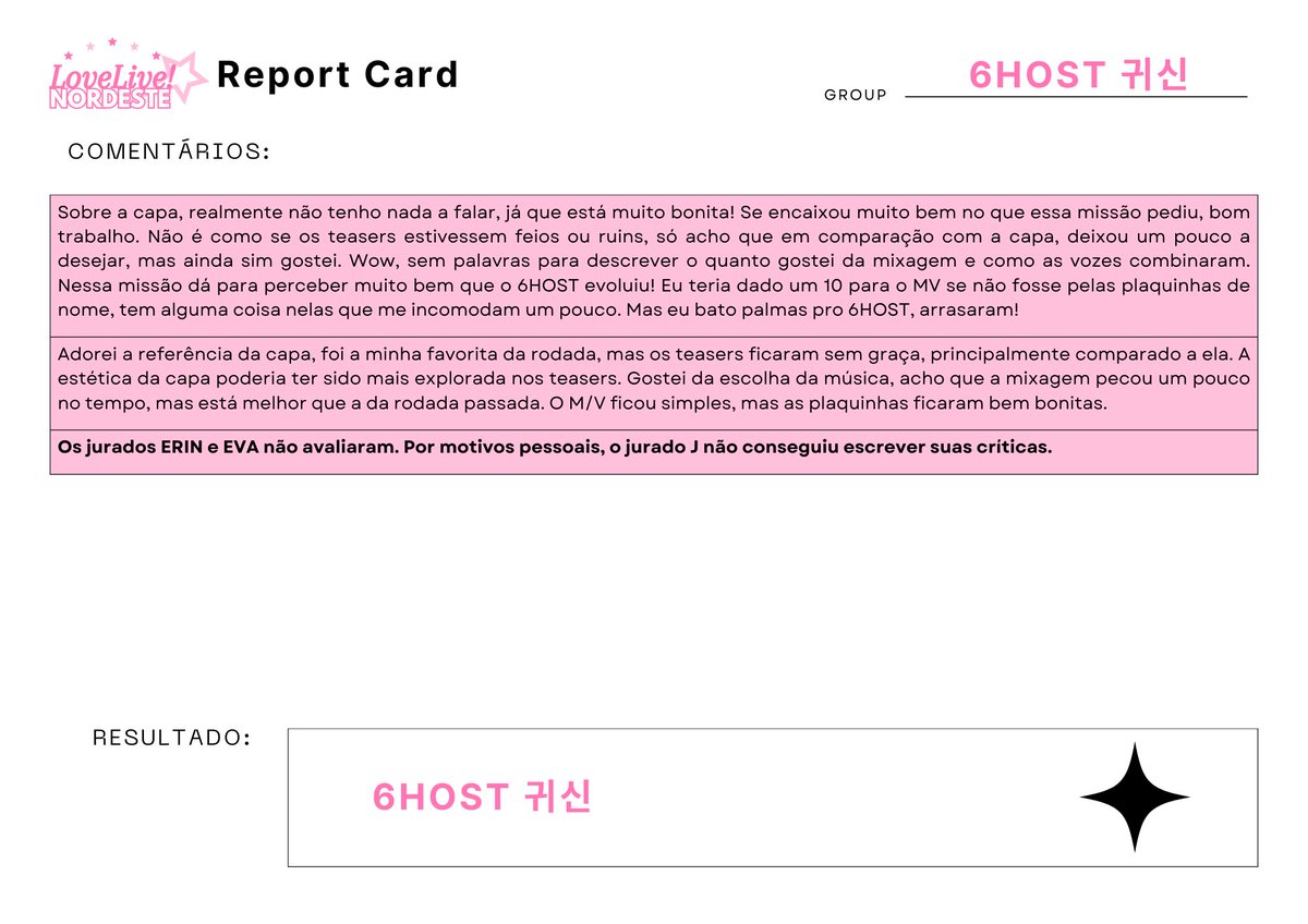 LoveLiveNR_OFC's tweet photo. ♡ ⸻ LOVE LIVE! Nordeste

『 REPORT CARD: 6HOST @6HOST_OFC 』
・Segue abaixo o report card do 6HOST nessa missão・

#LLN #LoveLiveNordeste #3rdReportCard https://t.co/4aWMc7XP0K