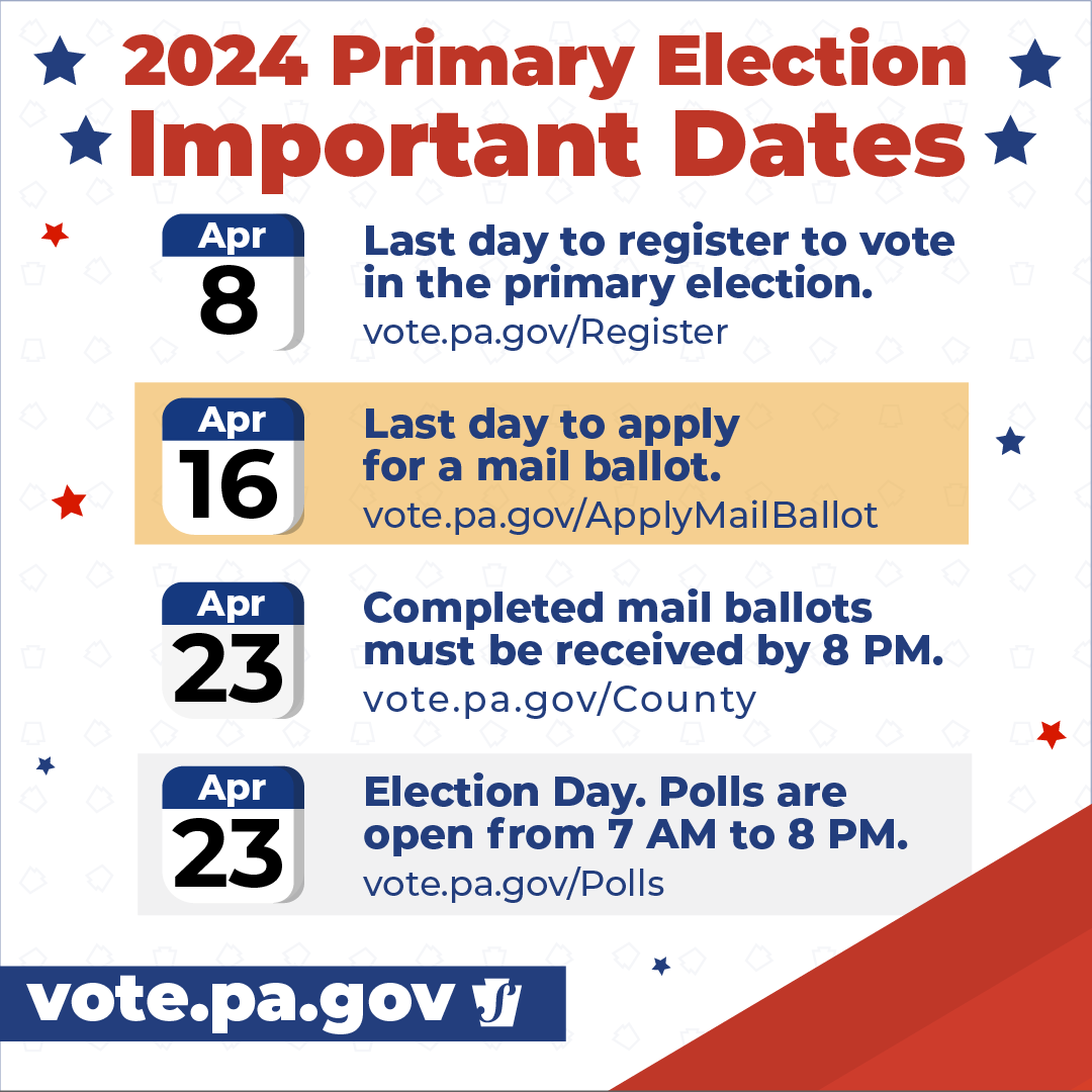 Registered voters in Pennsylvania have until 5 pm TODAY to apply for a mail ballot for the April 23 #PAPrimary. Apply now at vote.pa.gov/ApplyMailBallot.