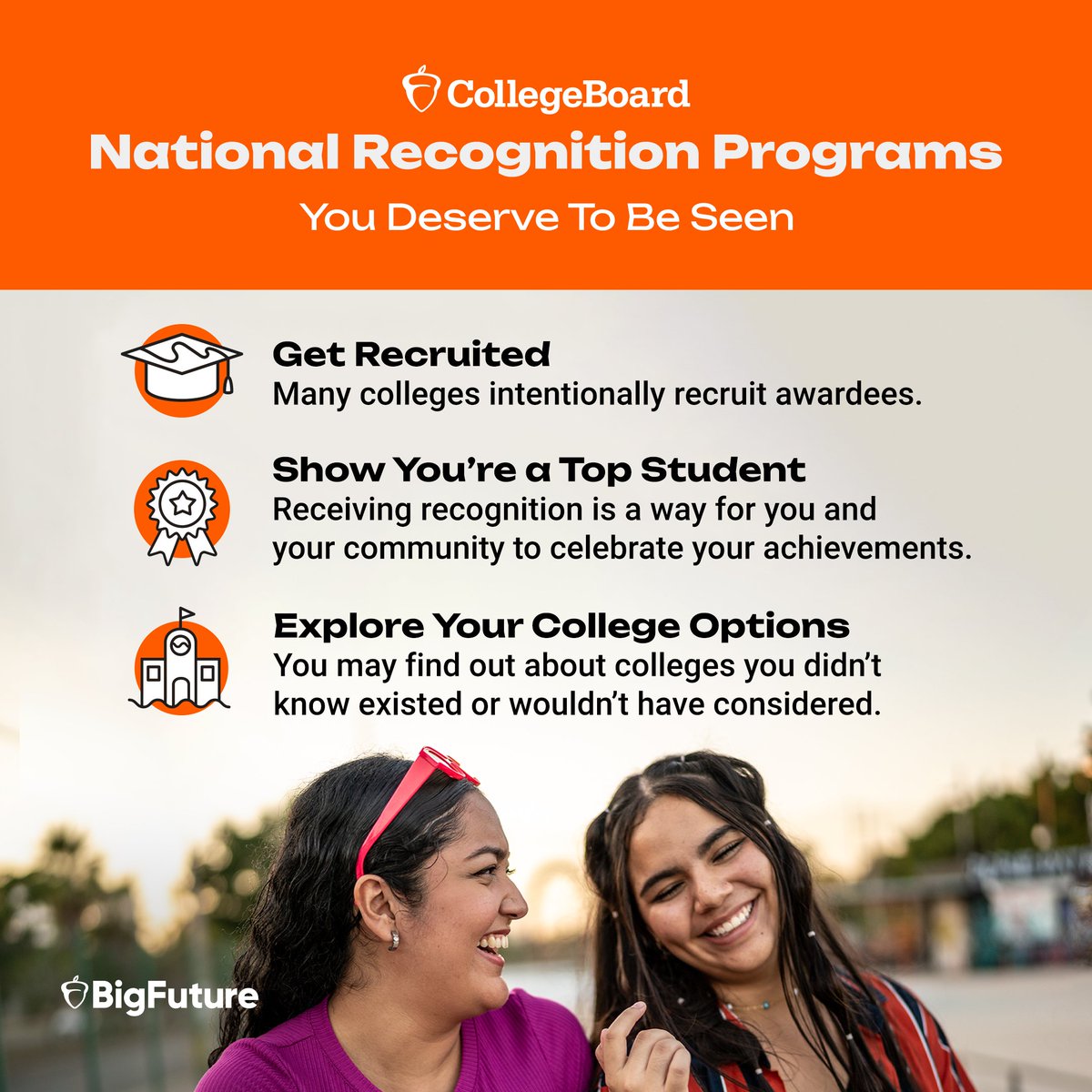 Elevate your future with The College Board National Recognition Program! When you qualify, you can: 🌟Get recruited by colleges 🌟Earn academic acclaim 🌟Explore diverse colleges Check your eligibility now on #BigFuture: spr.ly/6013w7Bk9 #NationalRecognitionProgram